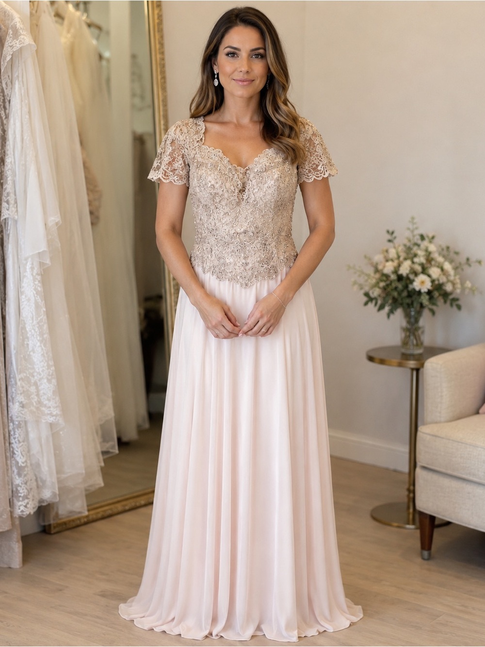 Embellished Lace Bodice Chiffon Gown in Blush